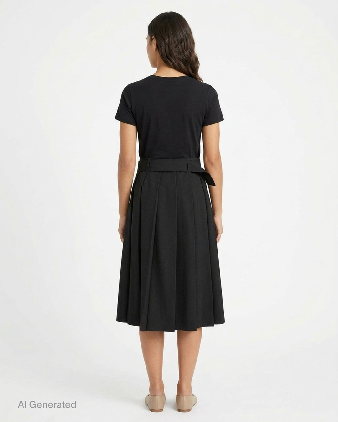 MSGM black pleated midi skirt with high-rise waistband, D-ring silver-tone belt, and cascading box pleats, photographed on a white background - back