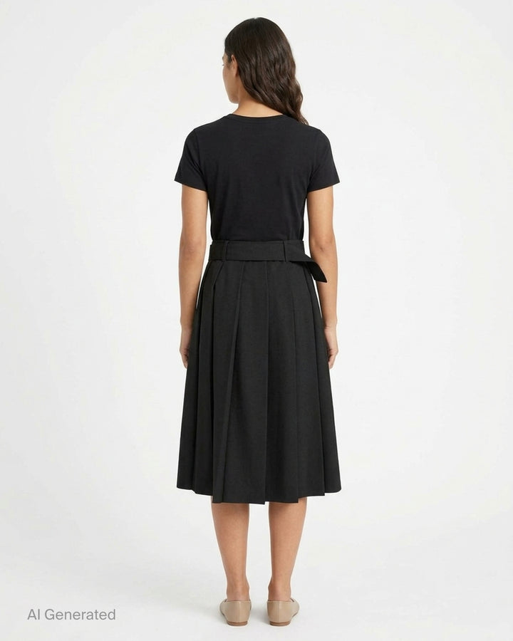 MSGM black pleated midi skirt with high-rise waistband, D-ring silver-tone belt, and cascading box pleats, photographed on a white background - back