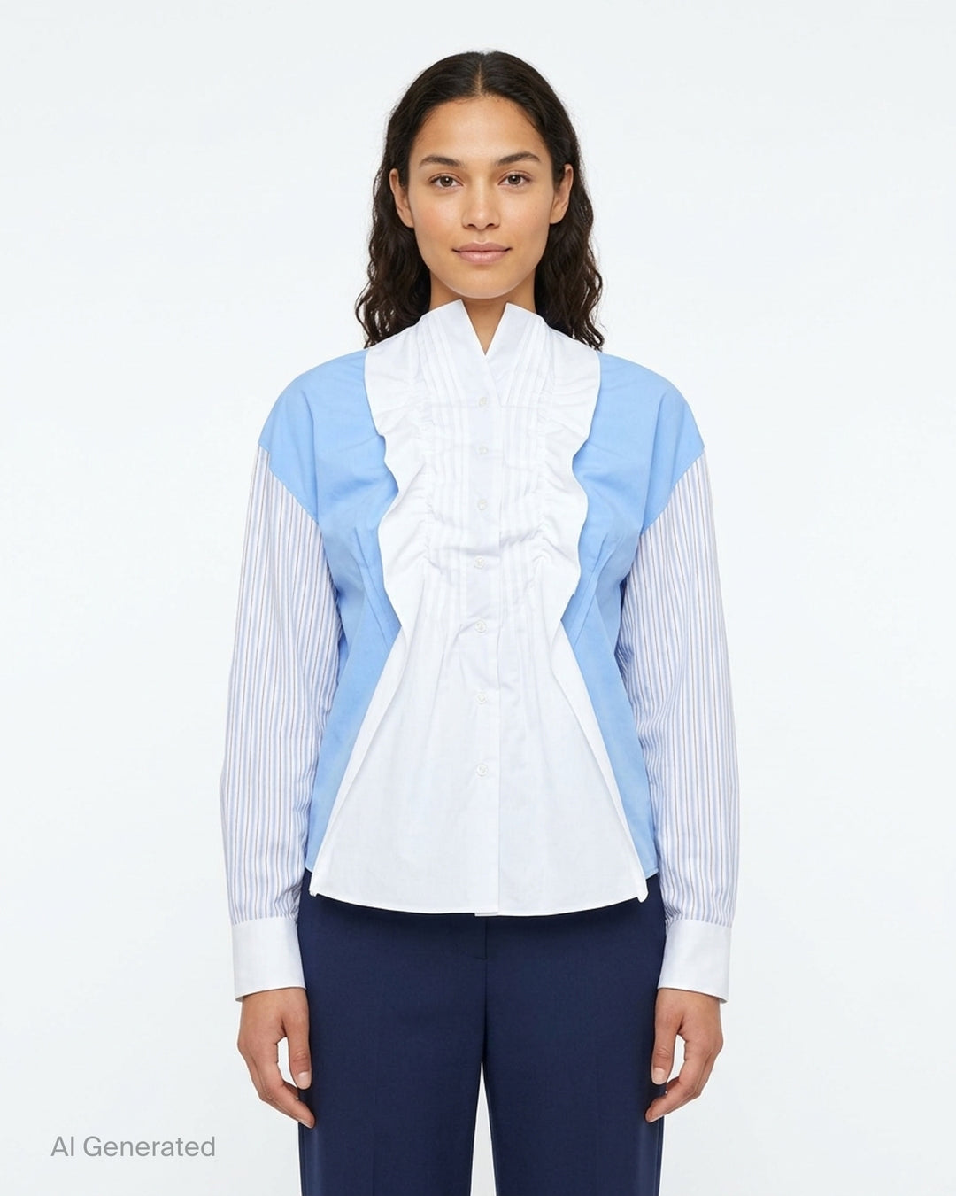 MSGM ruffle-front patchwork shirt with sky-blue shoulder panels, fine-striped sleeves, and a white poplin gathered ruffle bib with button fastening - front