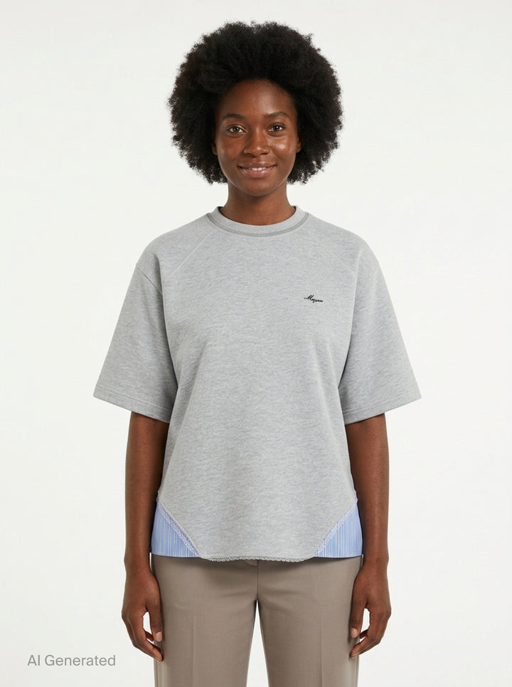 MSGM grey marl short sleeve T-shirt with blue striped fabric inserts at the hem, lace trim at the neckline, and embroidered MSGM script logo at the chest - front