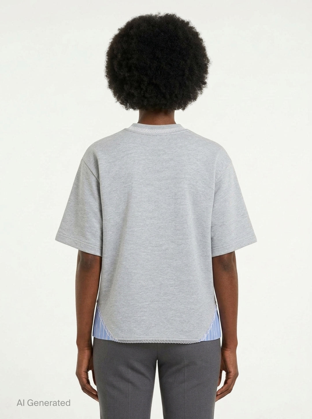 MSGM grey marl short sleeve T-shirt with blue striped fabric inserts at the hem, lace trim at the neckline, and embroidered MSGM script logo at the chest - back