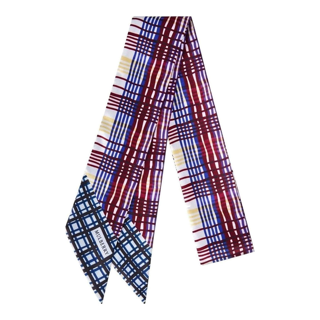 Mulberry Carnival Heritage Check skinny scarf in burgundy, cobalt blue and cream plaid with a blue and navy grid print on the pointed ends - packshot