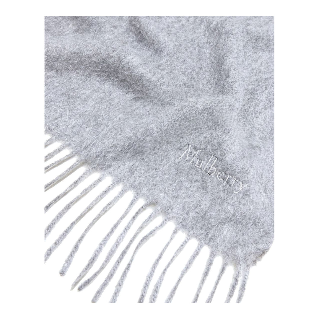 Mulberry navy cashmere scarf laid flat, 30 x 195cm, with fringe trim at both ends and tonal embroidered logo - packshot