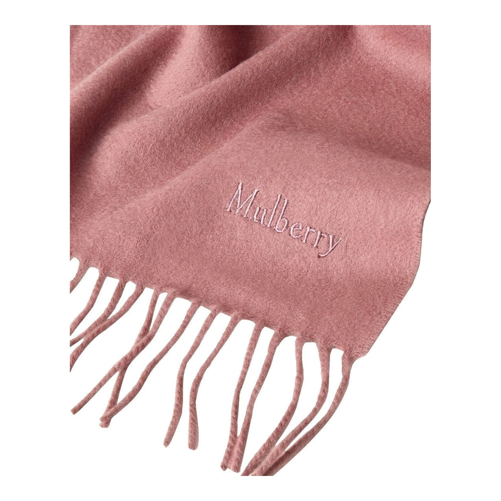 Mulberry navy cashmere scarf laid flat, 30 x 195cm, with fringe trim at both ends and tonal embroidered logo - packshot
