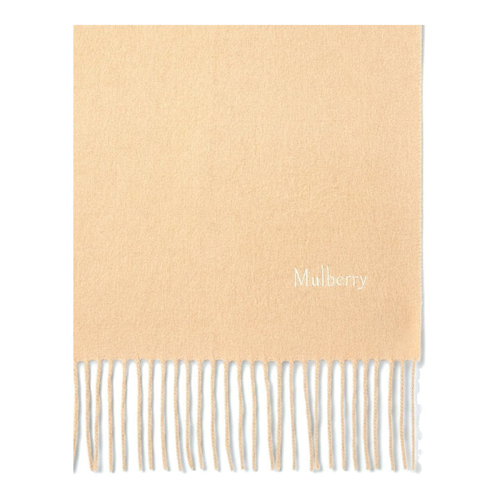 Mulberry navy cashmere scarf laid flat, 30 x 195cm, with fringe trim at both ends and tonal embroidered logo - packshot