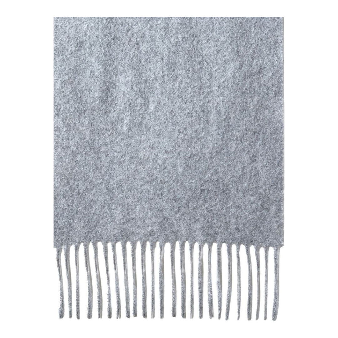 Mulberry navy cashmere scarf laid flat, 30 x 195cm, with fringe trim at both ends and tonal embroidered logo - packshot