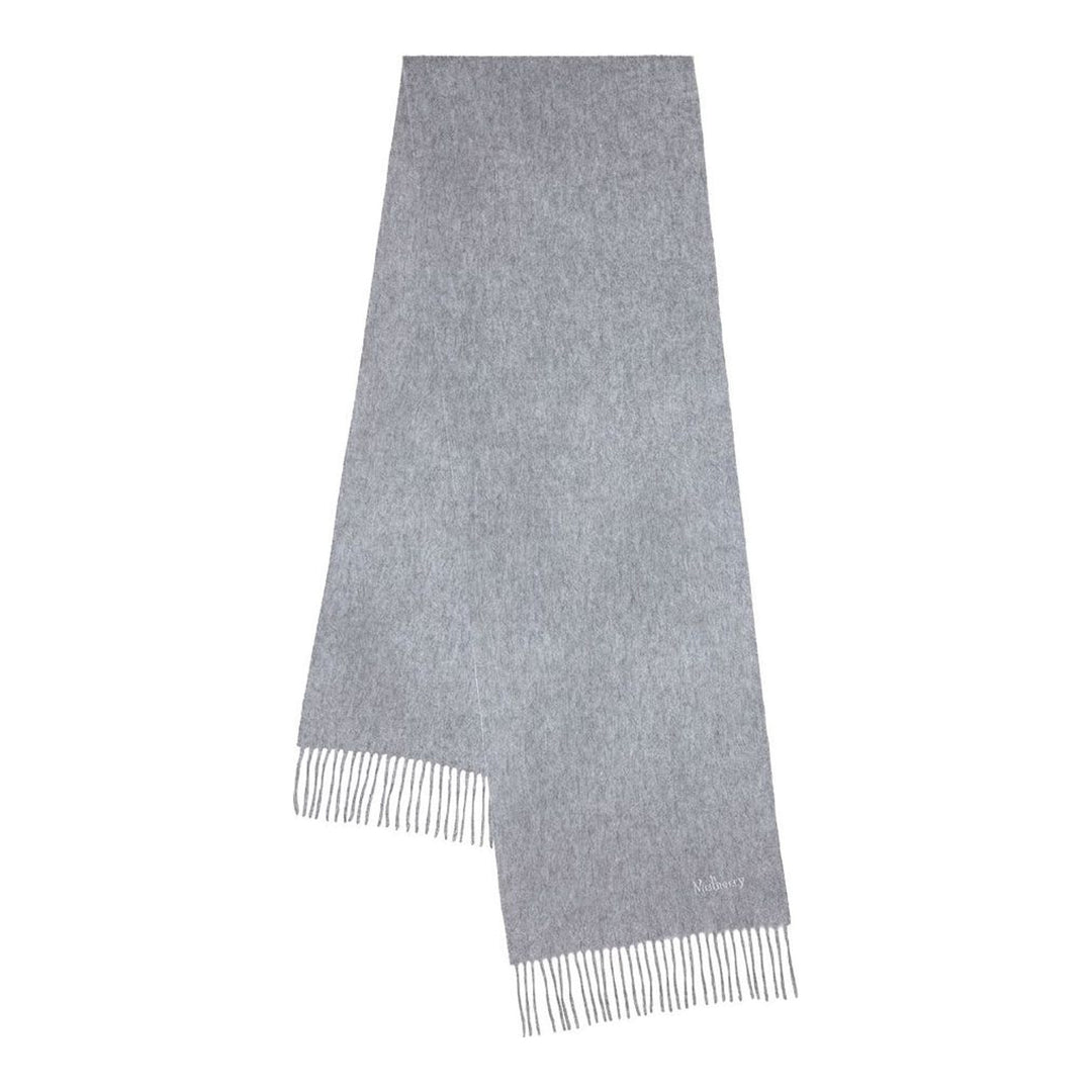 Mulberry navy cashmere scarf laid flat, 30 x 195cm, with fringe trim at both ends and tonal embroidered logo - packshot