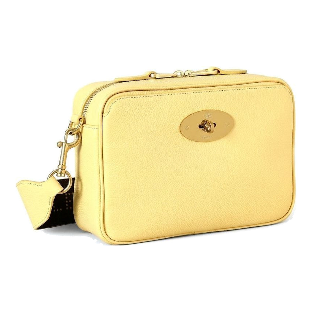 Mulberry Darley camera bag in pale yellow grained leather with gold-tone Postman's Lock, twin zip top and detachable branded strap - packshot