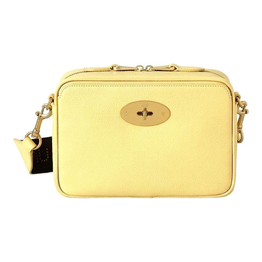 Mulberry Darley camera bag in pale yellow grained leather with gold-tone Postman's Lock, twin zip top and detachable branded strap - packshot