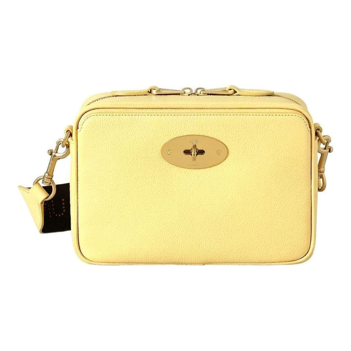 Mulberry Darley camera bag in pale yellow grained leather with gold-tone Postman's Lock, twin zip top and detachable branded strap - packshot