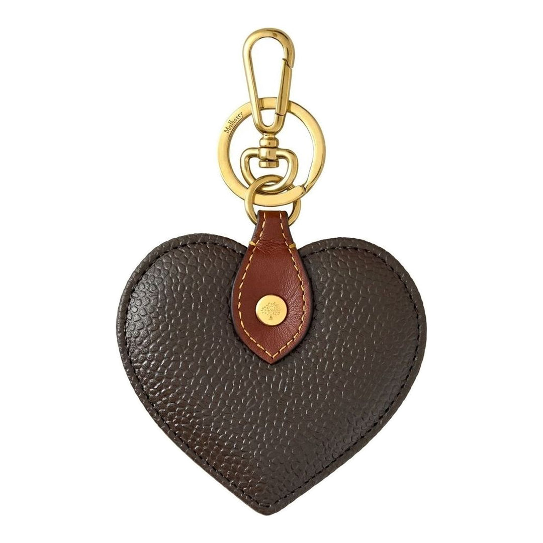Mulberry heart-shaped keyring in dark brown Scotchgrain leather with a tan leather tab, gold-tone tree stud and swivel clip - packshot