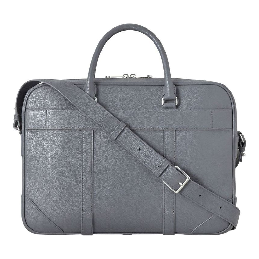 Mulberry Heritage briefcase in grey grained leather with rolled top handles, detachable shoulder strap and Tree padlock charm - packshot