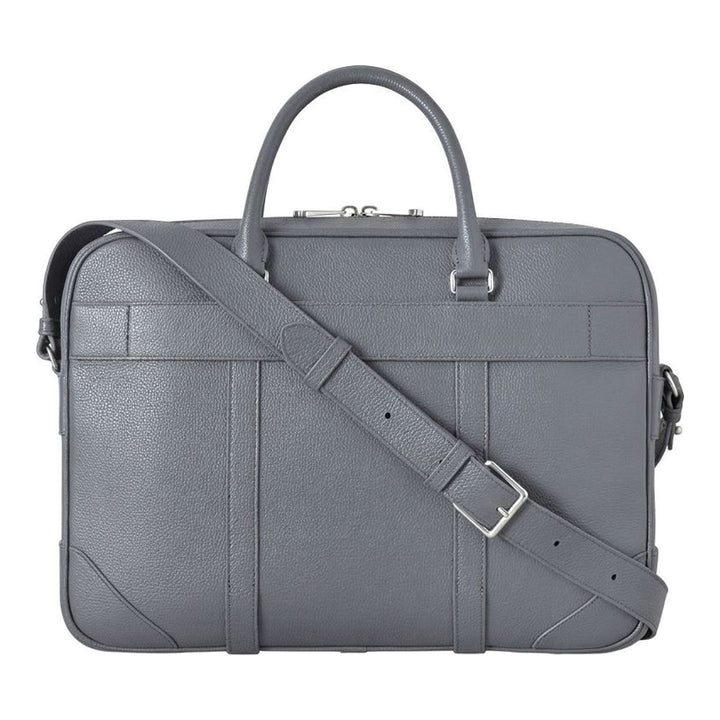 Mulberry Heritage briefcase in grey grained leather with rolled top handles, detachable shoulder strap and Tree padlock charm - packshot