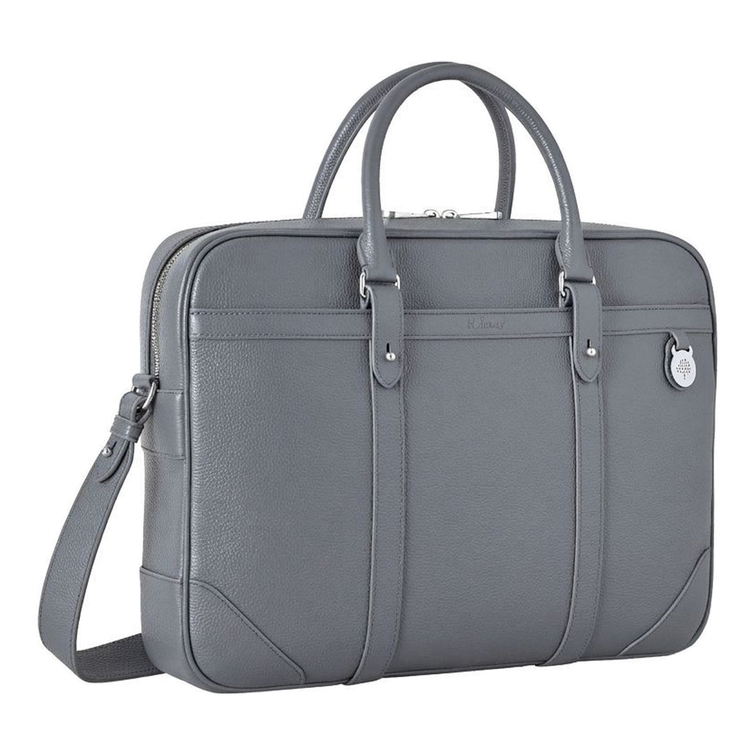 Mulberry Heritage briefcase in grey grained leather with rolled top handles, detachable shoulder strap and Tree padlock charm - packshot