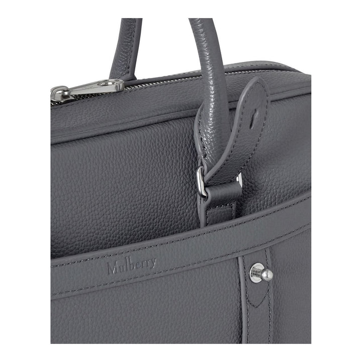 Mulberry Heritage briefcase in grey grained leather with rolled top handles, detachable shoulder strap and Tree padlock charm - packshot