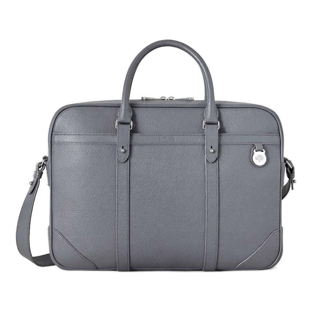 Mulberry Heritage briefcase in grey grained leather with rolled top handles, detachable shoulder strap and Tree padlock charm - packshot