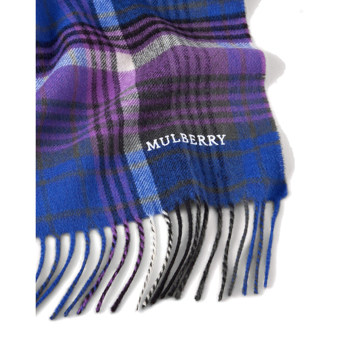 Mulberry long scarf in a blue and purple heritage check with fringed ends and embroidered logo - packshot