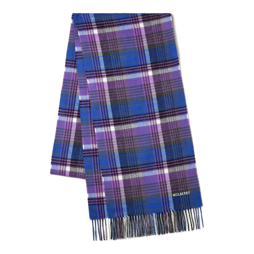 Mulberry long scarf in a blue and purple heritage check with fringed ends and embroidered logo - packshot