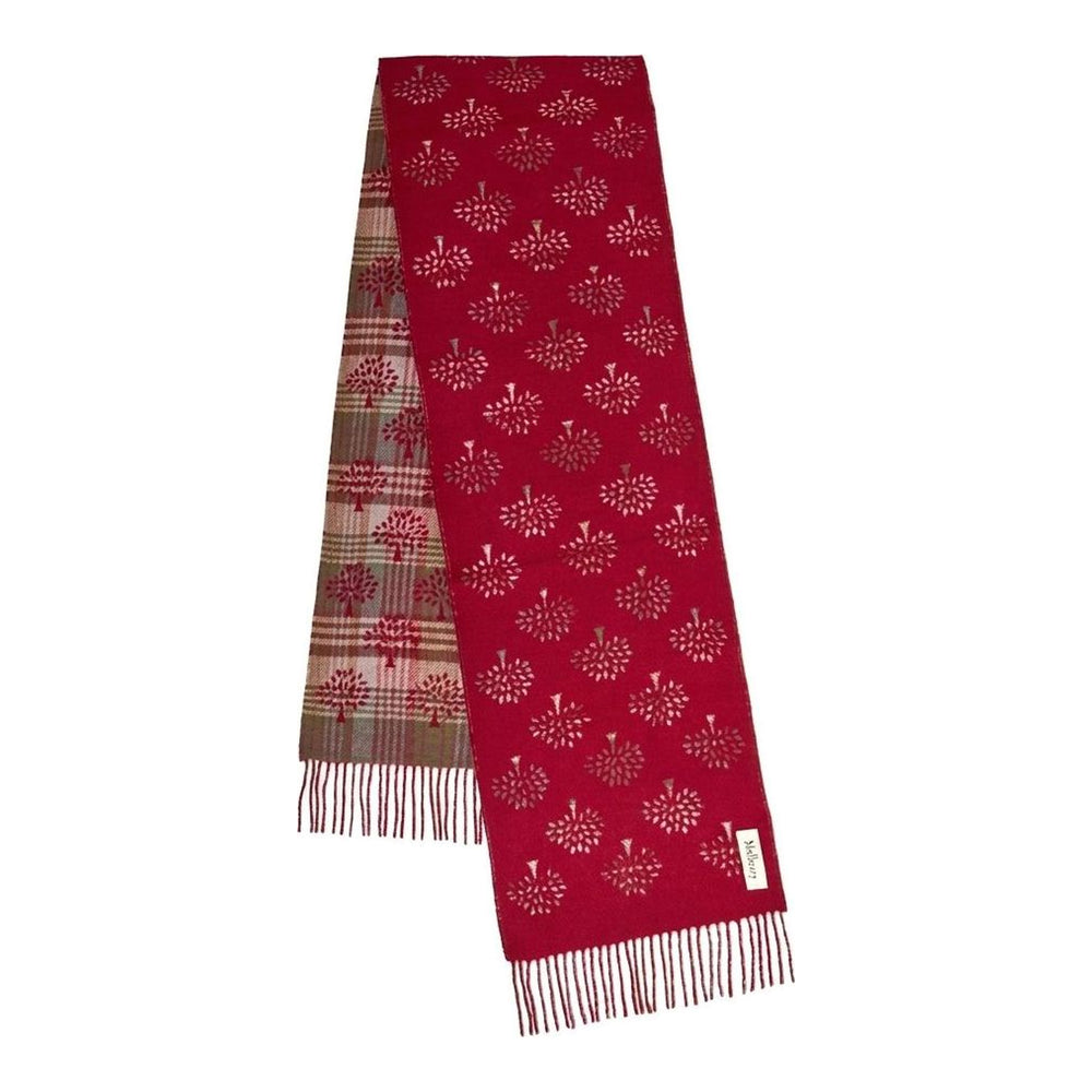 Mulberry Heritage Check & Tree scarf in green, navy, and grey with tree motifs, fringed ends, and a reversible grey side - packshot