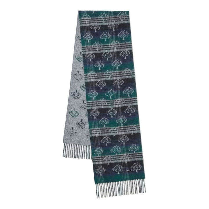 Mulberry Heritage Check & Tree scarf in green, navy, and grey with tree motifs, fringed ends, and a reversible grey side - packshot