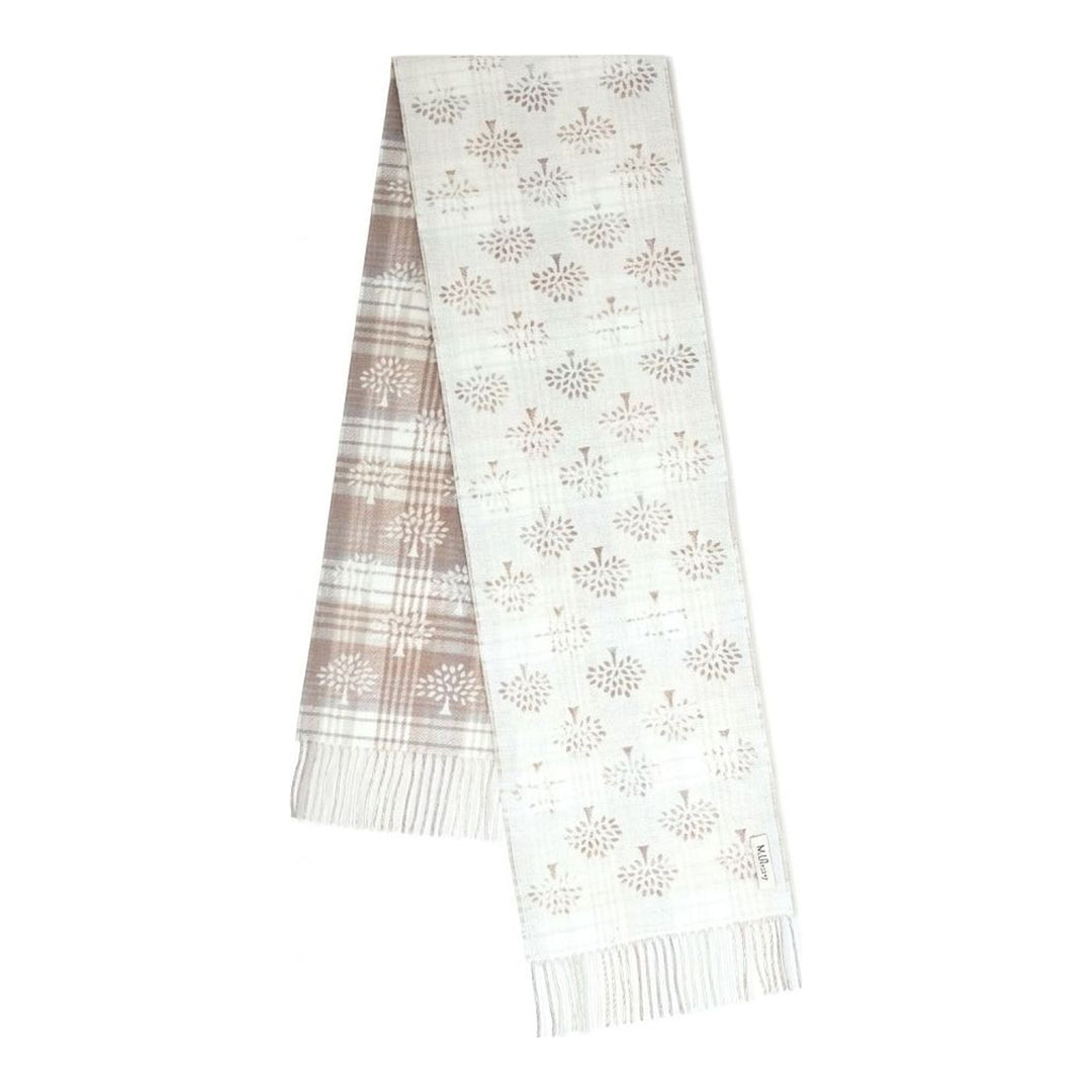 Mulberry Heritage Check & Tree scarf in green, navy, and grey with tree motifs, fringed ends, and a reversible grey side - packshot