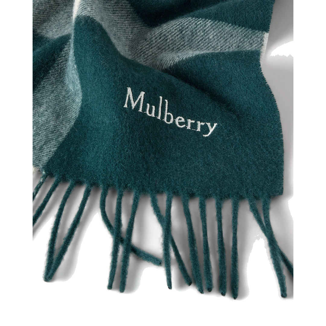 Mulberry large check merino wool scarf in green and sage tones with fringed edges and embroidered logo, folded flat - packshot