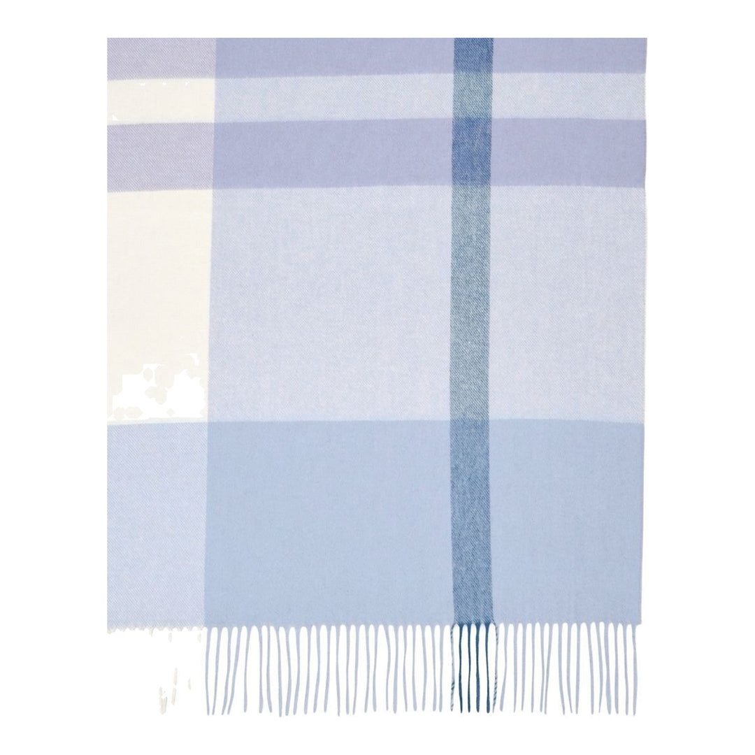 Mulberry large check merino wool scarf in green and sage tones with fringed edges and embroidered logo, folded flat - packshot