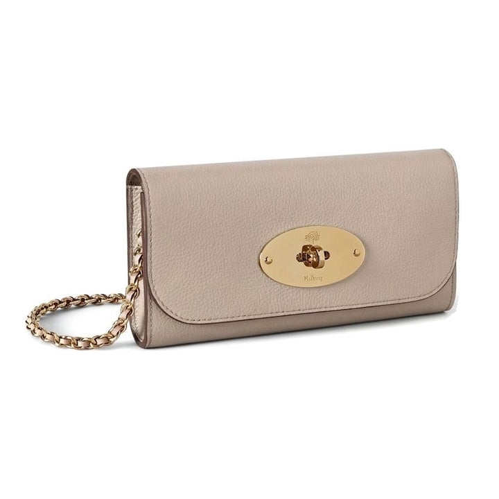 Mulberry Lily Chain Wallet in grained taupe-grey leather with a gold-tone oval Postman's Lock and woven leather and gold chain strap - packshot