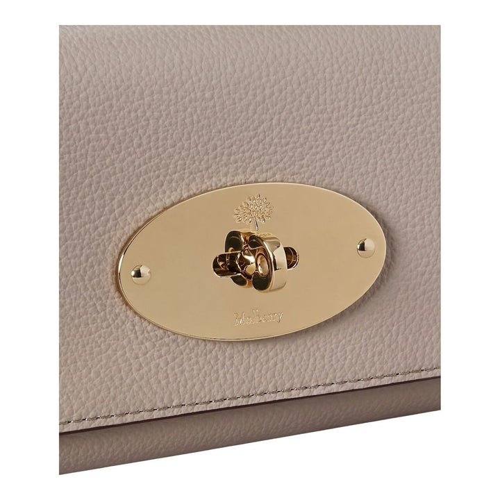 Mulberry Lily Chain Wallet in grained taupe-grey leather with a gold-tone oval Postman's Lock and woven leather and gold chain strap - packshot