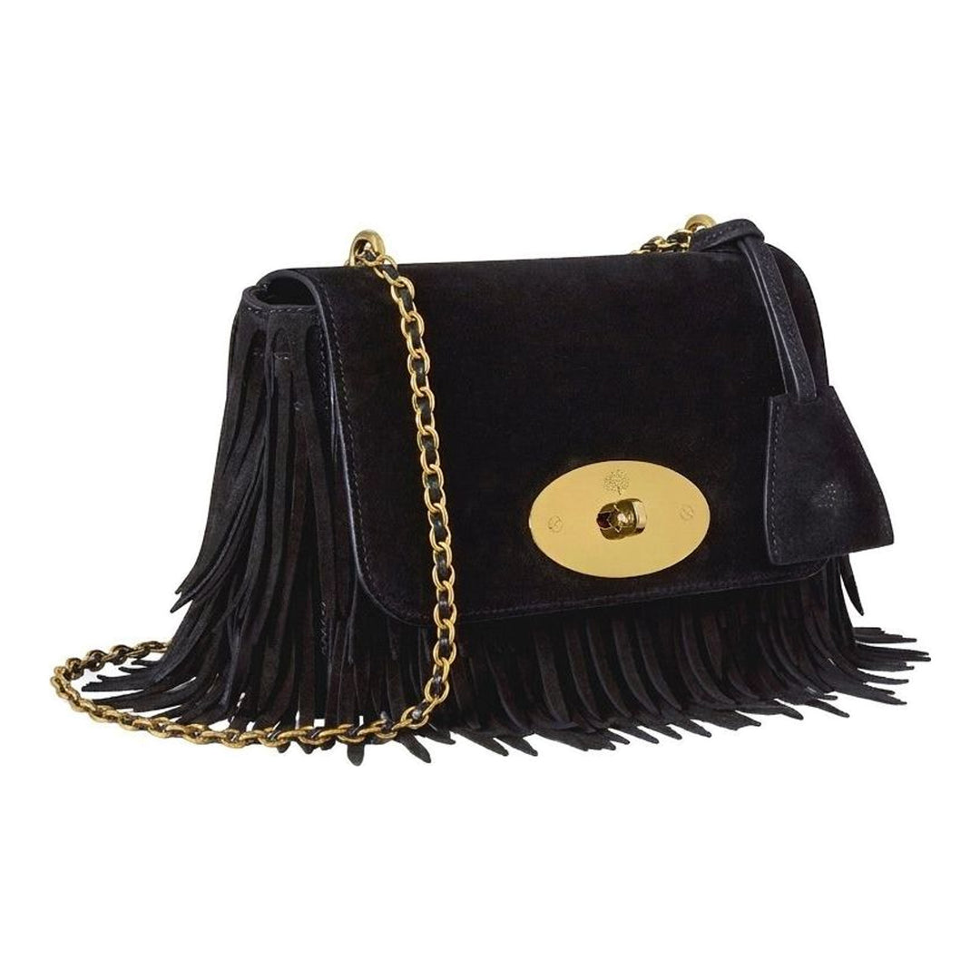 Mulberry Lily small shoulder bag in black suede with fringe trim, gold-tone Postman's Lock and leather-woven chain strap - packshot