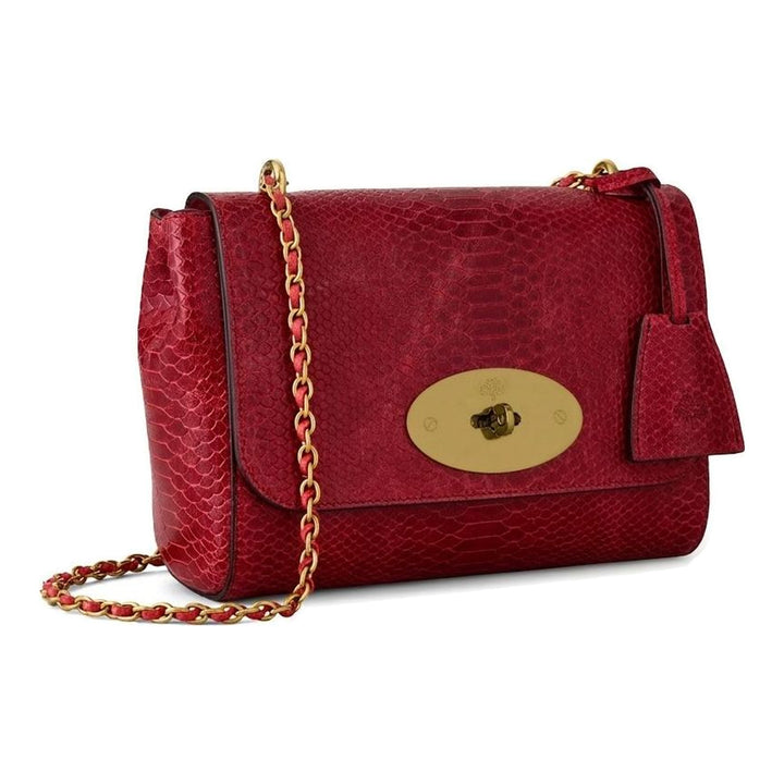 Mulberry Lily small shoulder bag in red waxed snake-print leather with brass Postman's Lock and woven chain strap - packshot
