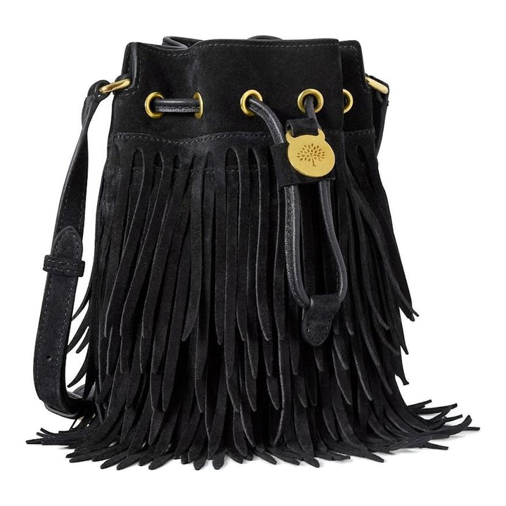 Mulberry mini black suede bucket bag with tiered fringe, gold-tone eyelets, drawstring closure with tree emblem toggle and adjustable crossbody strap - packshot