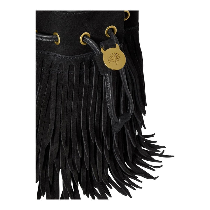 Mulberry mini black suede bucket bag with tiered fringe, gold-tone eyelets, drawstring closure with tree emblem toggle and adjustable crossbody strap - packshot