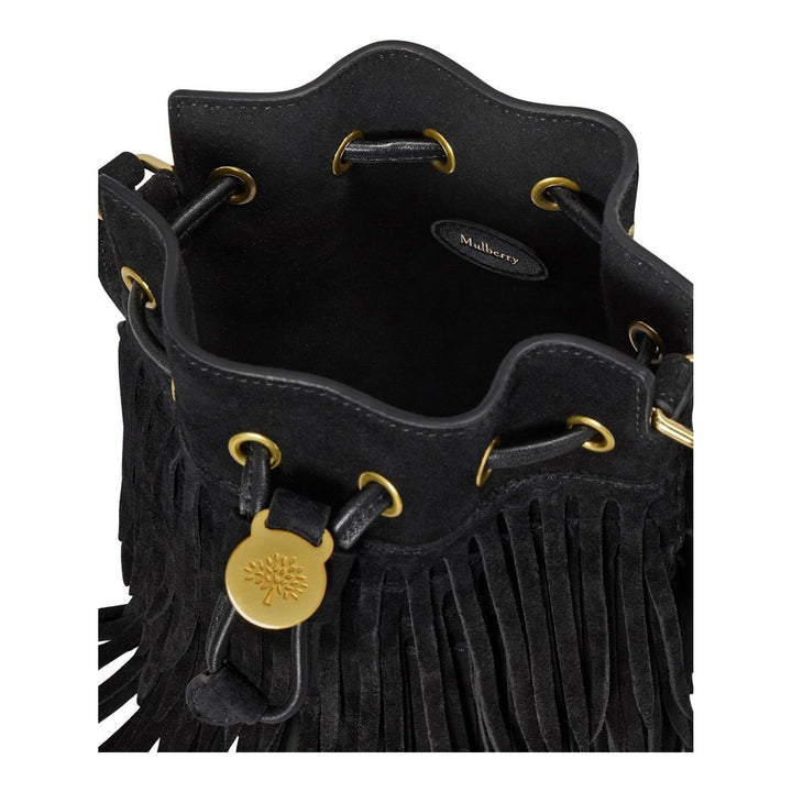 Mulberry mini black suede bucket bag with tiered fringe, gold-tone eyelets, drawstring closure with tree emblem toggle and adjustable crossbody strap - packshot