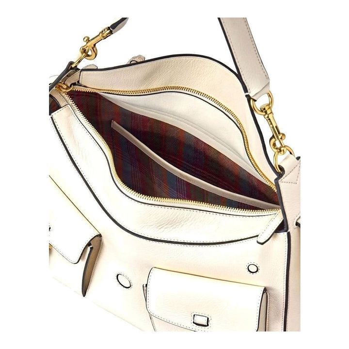 Mulberry Roxanne Medium Shoulder Bag in ivory pebbled leather with antique gold-tone hardware, dual front buckle pockets, and adjustable single shoulder strap - packshot