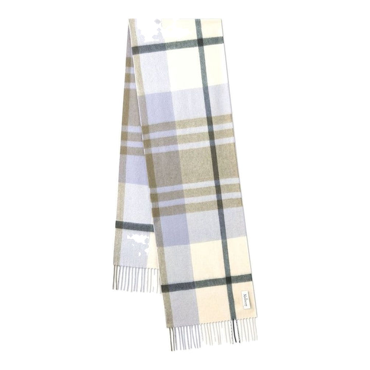 Mulberry Small Check Merino Wool Scarf in navy, red, black, and white plaid with knotted fringe trim and embroidered Mulberry branding - packshot