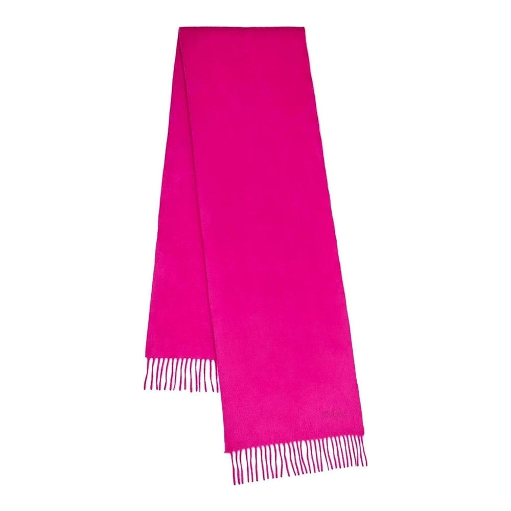 Mulberry Small Solid Merino Wool Scarf in tan with fringed ends and tonal embroidered branding, laid flat on a white background - packshot