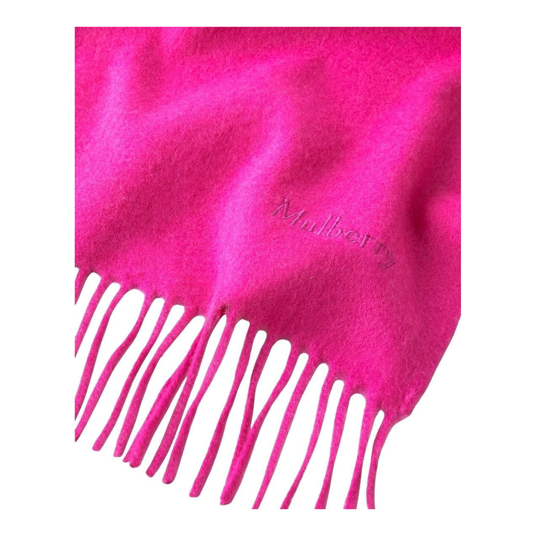Mulberry Small Solid Merino Wool Scarf in tan with fringed ends and tonal embroidered branding, laid flat on a white background - packshot