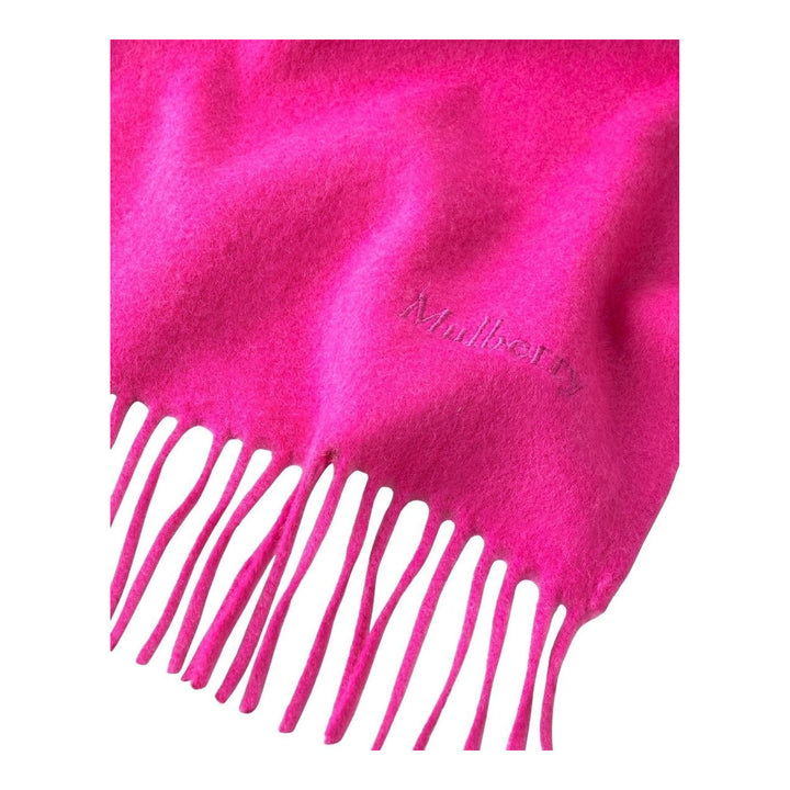 Mulberry Small Solid Merino Wool Scarf in tan with fringed ends and tonal embroidered branding, laid flat on a white background - packshot