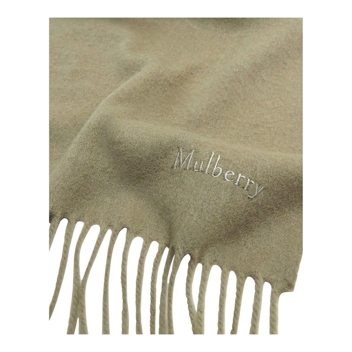 Mulberry Small Solid Merino Wool Scarf in tan with fringed ends and tonal embroidered branding, laid flat on a white background - packshot