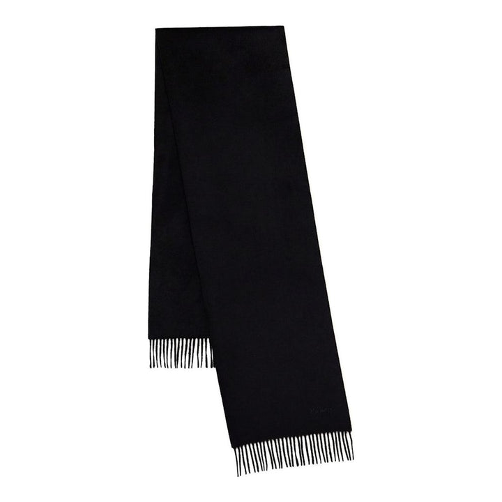Mulberry Small Solid Merino Wool Scarf in tan with fringed ends and tonal embroidered branding, laid flat on a white background - packshot