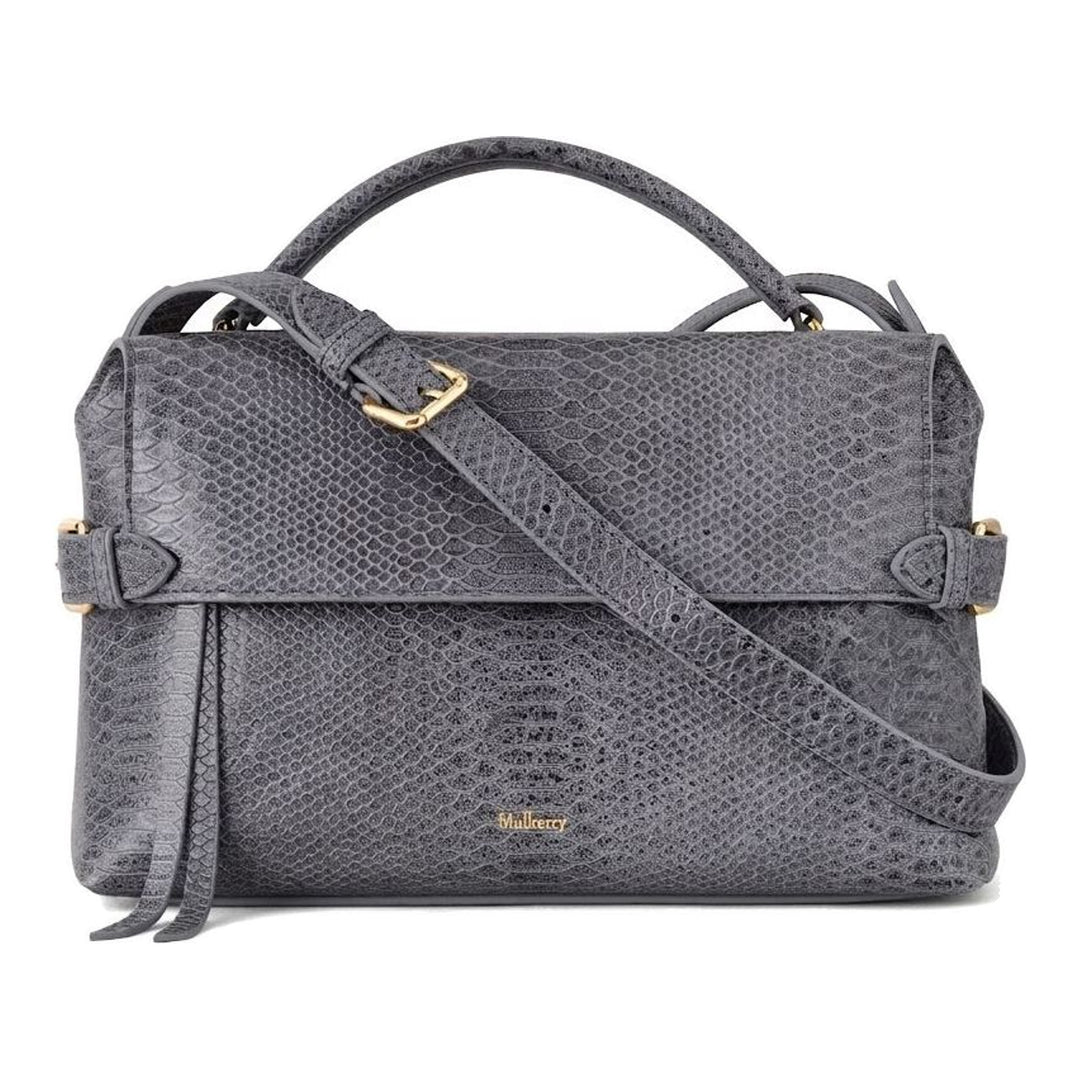 Mulberry Small Stevie top handle bag in grey snake-effect leather with gold-tone twist lock, rolled top handle and detachable crossbody strap - packshot