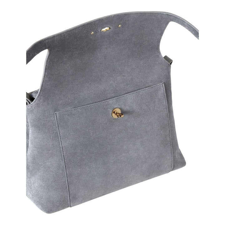 Mulberry Stevie top handle bag in grey suede with gold-tone oval postman's lock, side buckle straps and detachable crossbody strap - packshot