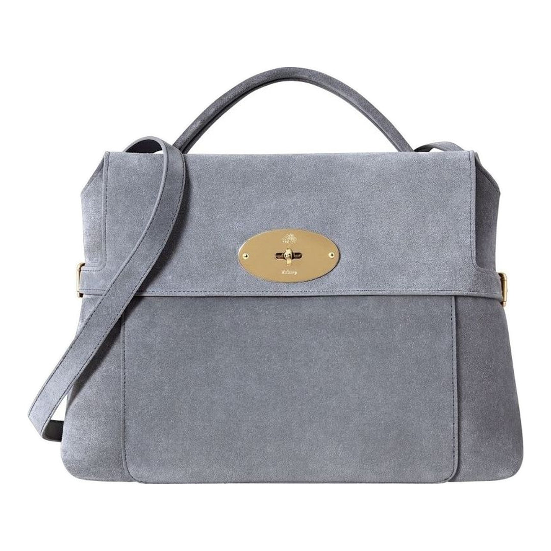Mulberry Stevie top handle bag in grey suede with gold-tone oval postman's lock, side buckle straps and detachable crossbody strap - packshot