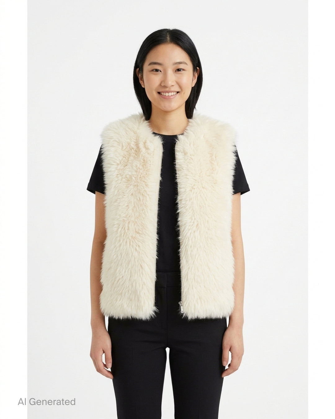 Musée RA cream fur vest with round neckline and centre zip fastening, shown flat against a white background - front