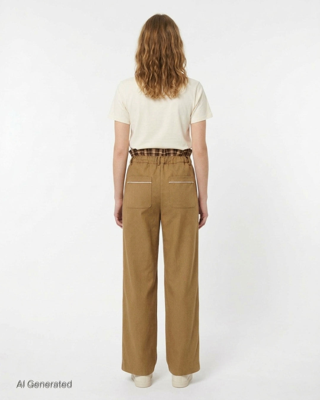 Musée RA camel straight-leg pants with a layered plaid waistband, brown drawstring tie and contrast side piping, shown from the front - back