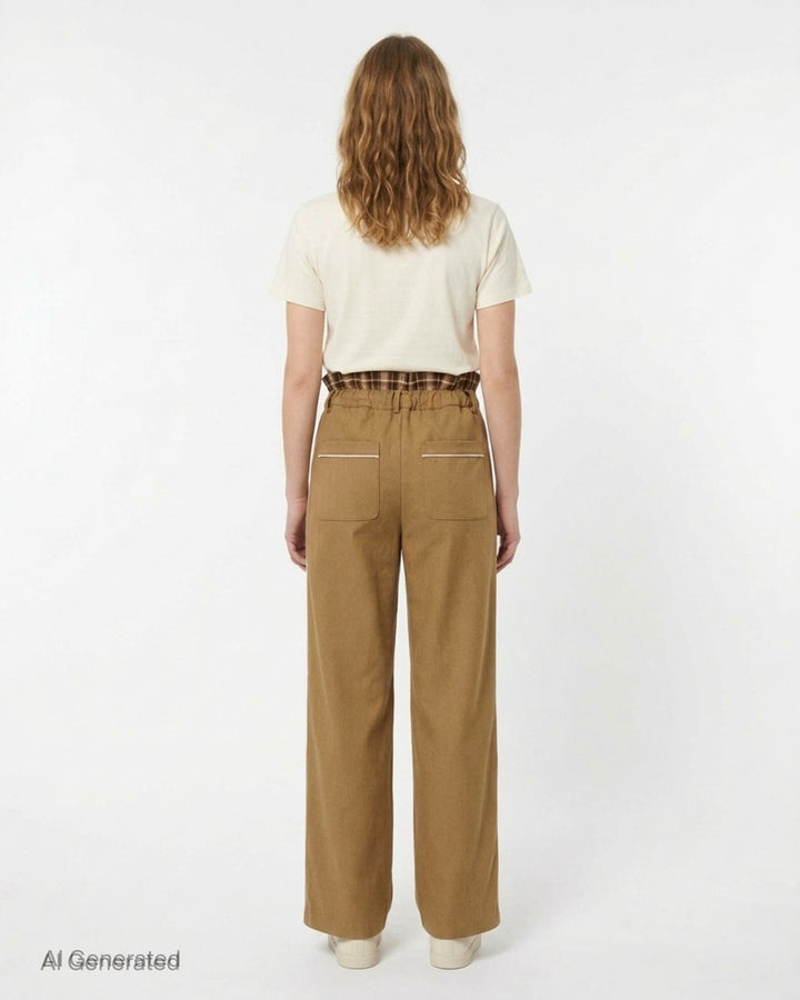 Musée RA camel straight-leg pants with a layered plaid waistband, brown drawstring tie and contrast side piping, shown from the front - back