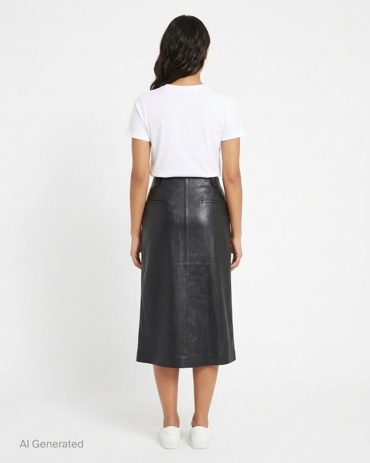 Musée RA black leather pencil skirt with patch pockets and centre front seam, shown from the front - back