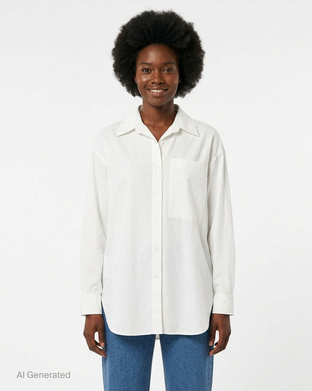 Musée RA white oversized shirt with pointed collar, button placket, chest pocket and open back tie detail, shown from the front - front