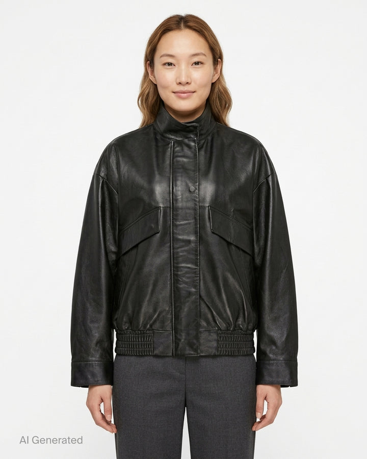 Musée RA oversized black leather bomber jacket with funnel collar, flap pockets and smocked elasticated hem, front view - front